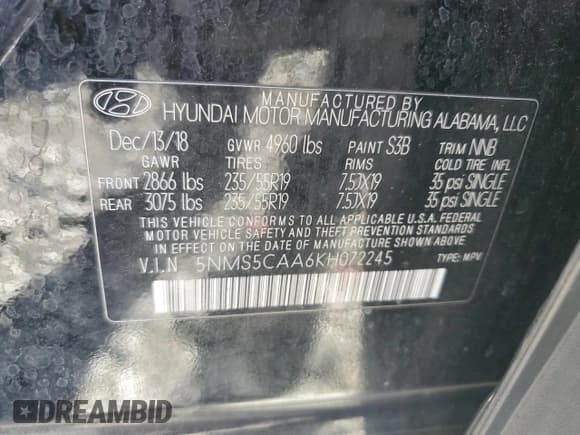 ✅ 2019 Hyundai Santa Fe Limited • VIN: 5NMS5CAA6KH072245 • Лот: 85703475. Опубликован ранее на Copart с пробегом Не указан. Бесплатный доступ к архиву аукционных продаж из США и подробный отчёт об истории автомобиля на DreamBid. Изображение 13.