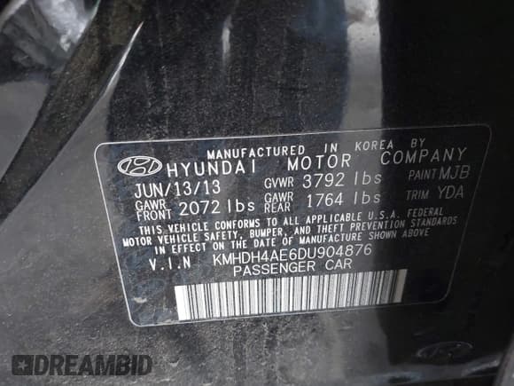 ✅ 2013 Hyundai Elantra GLS • VIN: KMHDH4AE6DU904876 • Lot: 41085148. Listed on IAAI with 179,826 mi. Free auction sales archive from the USA and detailed vehicle history report at DreamBid. Image 9.