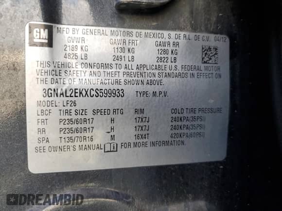 2012 Chevrolet Captiva Sport LS с VIN 3GNAL2EKXCS599933, выставлен на аукционе Copart как лот 77908124 с пробегом 190 793 миль миль и Списание • Salvage title. История ставок и продаж доступна на DreamBid. Изображение 14.