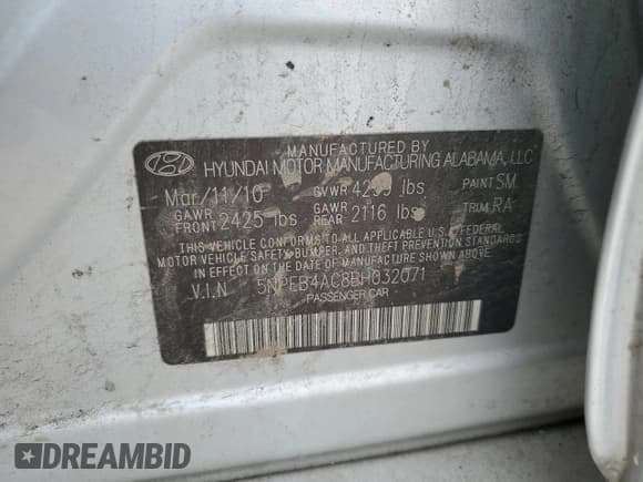 ✅ 2011 Hyundai Sonata GLS • VIN: 5NPEB4AC8BH032071 • Lot: 77224774. Listed on Copart with 264,216 mi. Free auction sales archive from the USA and detailed vehicle history report at DreamBid. Image 12.