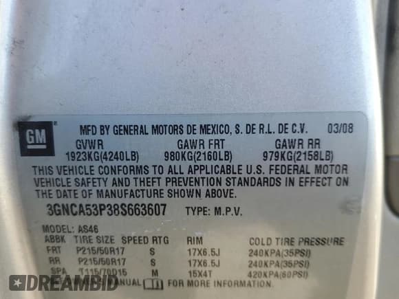 ✅ 2008 Chevrolet HHR LT • VIN: 3GNCA53P38S663607 • Lot: 45787245. Listed on Copart with 149,198 mi. Free auction sales archive from the USA and detailed vehicle history report at DreamBid. Image 13.