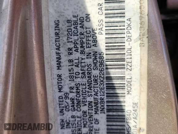 ✅ 1999 Toyota Corolla VE • VIN: 1NXBR12E3XZ269685 • Lot: 89915335. Listed on Copart with Not provided. Free auction sales archive from the USA and detailed vehicle history report at DreamBid. Image 13.