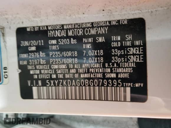 2011 Hyundai Santa Fe Limited с VIN 5XYZKDAG0BG079395, выставлен на аукционе Copart как лот 73981824 с пробегом 102 527 миль миль и Списание • Salvage title. История ставок и продаж доступна на DreamBid. Изображение 13.