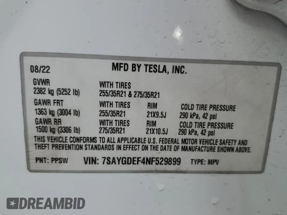 ✅ 2022 Tesla Model Y Performance • VIN: 7SAYGDEF4NF529899 • Lot: 89920025. Listed on Copart with 60,303 mi. Free auction sales archive from the USA and detailed vehicle history report at DreamBid. Image 12.