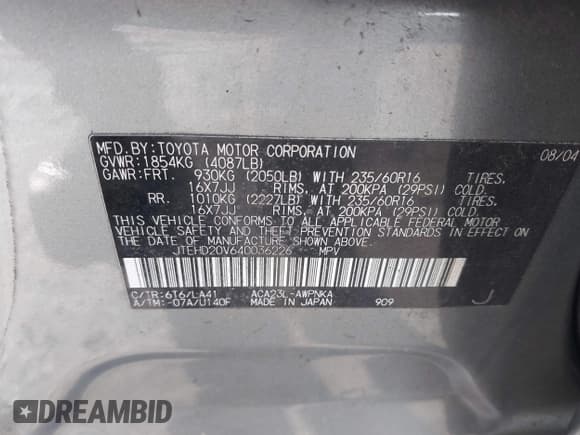 ✅ 2004 Toyota RAV4 • VIN: JTEHD20V640036226 • Lot: 43867870. Listed on IAAI with 187,271 mi. Free auction sales archive from the USA and detailed vehicle history report at DreamBid. Image 9.