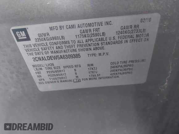 2010 Chevrolet Equinox 1LT with VIN 2CNALDEW5A6309385, listed as a IAAI auction lot 43437833 with 255,153 mi miles and . Bid and sale history available at DreamBid. Image 9.