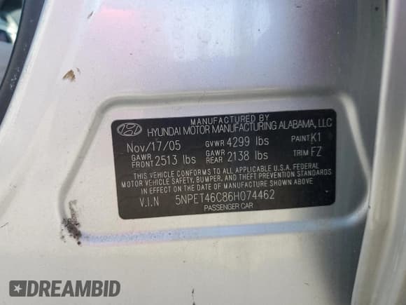 ✅ 2006 Hyundai Sonata GL • VIN: 5NPET46C86H074462 • Лот: 69137894. Опубликован ранее на Copart с пробегом 136 446 миль. Бесплатный доступ к архиву аукционных продаж из США и подробный отчёт об истории автомобиля на DreamBid. Изображение 12.