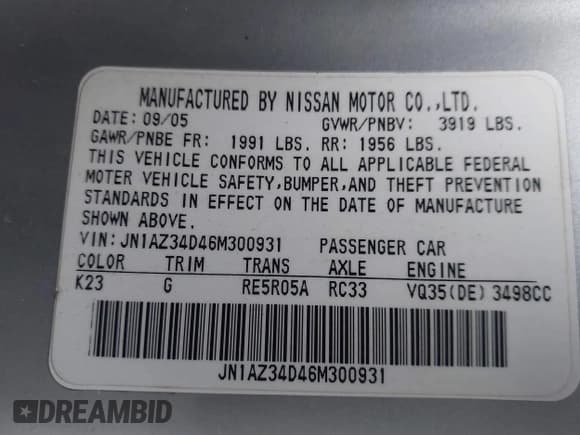 ✅ 2006 Nissan 350Z Enthusiast • VIN: JN1AZ34D46M300931 • Лот: 43575736. Опубликован ранее на IAAI с пробегом 144 426 миль. Бесплатный доступ к архиву аукционных продаж из США и подробный отчёт об истории автомобиля на DreamBid. Изображение 9.