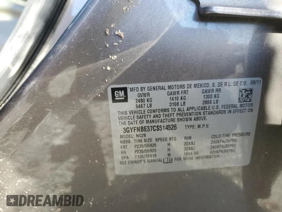 ✅ 2012 Cadillac SRX Performance Collection • VIN: 3GYFNBE37CS514526 • Lot: 91799735. Listed on Copart with 126,446 mi. Free auction sales archive from the USA and detailed vehicle history report at DreamBid. Image 13.