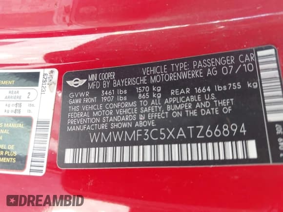 ✅ 2010 MINI Hardtop • VIN: WMWMF3C5XATZ66894 • Lot: 42558546. Wystawiony na IAAI z przebiegiem 116 494 mil. Bezpłatny archiwum sprzedaży aukcyjnych z USA i szczegółowy raport historii pojazdu na DreamBid. Zdjęcie 9.