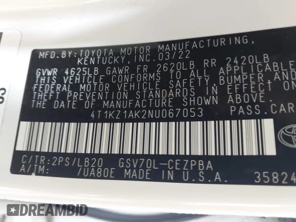 ✅ 2022 Toyota Camry TRD • VIN: 4T1KZ1AK2NU067053 • Lot: 41441297. Listed on IAAI with 40,648 mi. Free auction sales archive from the USA and detailed vehicle history report at DreamBid. Image 9.