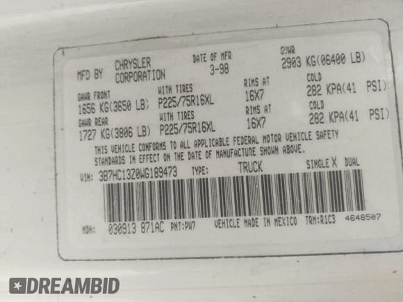 ✅ 1998 Dodge 1500 • VIN: 3B7HC13Z0WG189473 • Lot: 43790942. Wystawiony na IAAI z przebiegiem 136 475 mil. Bezpłatny archiwum sprzedaży aukcyjnych z USA i szczegółowy raport historii pojazdu na DreamBid. Zdjęcie 9.