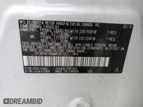 ✅ 2016 Toyota RAV4 Limited • VIN: 2T3DFREV6GW458513 • Lot: 91163395. Listed on Copart with Not provided. Free auction sales archive from the USA and detailed vehicle history report at DreamBid. Image 12.