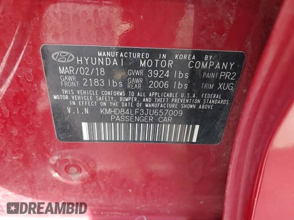 2018 Hyundai Elantra Value Edition with VIN KMHD84LF3JU657009, listed as a IAAI auction lot 41780491 with 65,855 mi miles and . Bid and sale history available at DreamBid. Image 9.