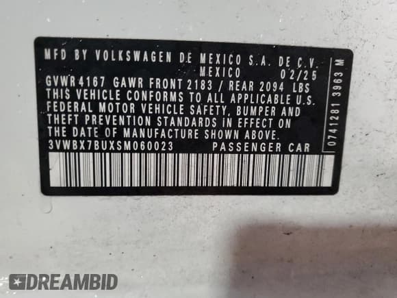 ✅ 2025 Volkswagen Jetta Sport • VIN: 3VWBX7BUXSM060023 • Лот: 89525275. Опубликован ранее на Copart с пробегом 10 423 миль. Бесплатный доступ к архиву аукционных продаж из США и подробный отчёт об истории автомобиля на DreamBid. Изображение 12.