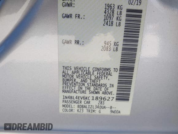 ✅ 2019 Nissan Altima SL • VIN: 1N4BL4EV6KC189627 • Lot: 43644100. Wystawiony na IAAI z przebiegiem 171 344 mil. Bezpłatny archiwum sprzedaży aukcyjnych z USA i szczegółowy raport historii pojazdu na DreamBid. Zdjęcie 9.