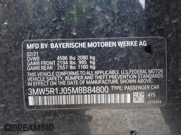 ✅ 2021 BMW 3 Series 330i • VIN: 3MW5R1J05M8B84800 • Lot: 41818906. Listed on IAAI with Not provided. Free auction sales archive from the USA and detailed vehicle history report at DreamBid. Image 9.