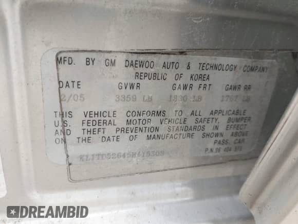 2005 Chevrolet Aveo SVM z VIN KL1TD52645B415308, wystawiony jako IAAI lot #41717918 z przebiegiem 66 814 mil mil oraz . Historia ofert i sprzedaży dostępna na DreamBid. Obrazek 9.