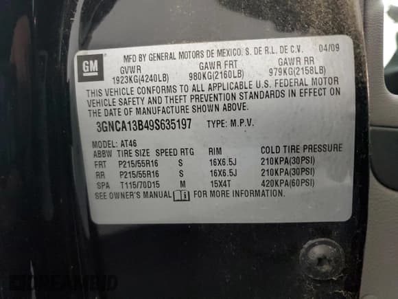 ✅ 2009 Chevrolet HHR LS • VIN: 3GNCA13B49S635197 • Lot: 42231595. Listed on Copart with 13,126 mi. Free auction sales archive from the USA and detailed vehicle history report at DreamBid. Image 13.