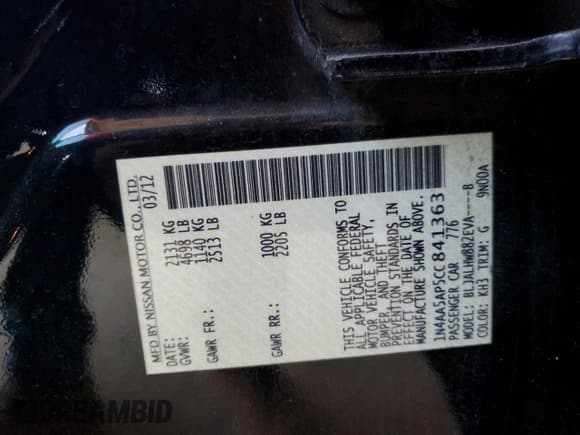 ✅ 2012 Nissan Maxima S • VIN: 1N4AA5AP5CC841363 • Lot: 54060845. Listed on Copart with 105,129 mi. Free auction sales archive from the USA and detailed vehicle history report at DreamBid. Image 13.