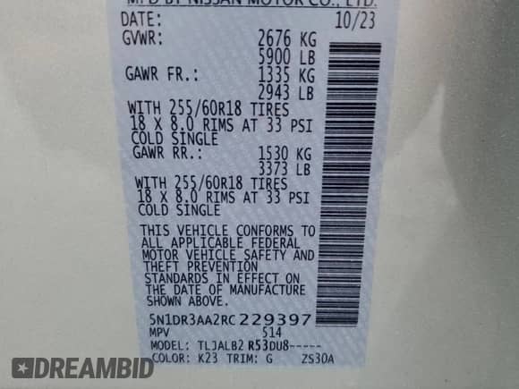 2024 Nissan Pathfinder S with VIN 5N1DR3AA2RC229397, listed as a Copart auction lot 70648084 with 6,037 mi miles and Salvage title. Bid and sale history available at DreamBid. Image 16.