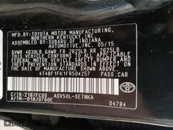 ✅ 2015 Toyota Camry LE • VIN: 4T4BF1FK1FR504257 • Lot: 82530505. Listed on Copart with 122,687 mi. Free auction sales archive from the USA and detailed vehicle history report at DreamBid. Image 12.