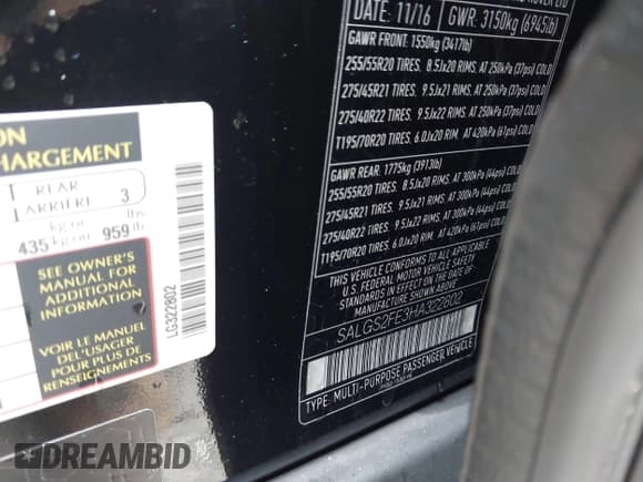 ✅ 2017 Land Rover Range Rover • VIN: SALGS2FE3HA322802 • Lot: 42318095. Listed on IAAI with 92,939 mi. Free auction sales archive from the USA and detailed vehicle history report at DreamBid. Image 9.