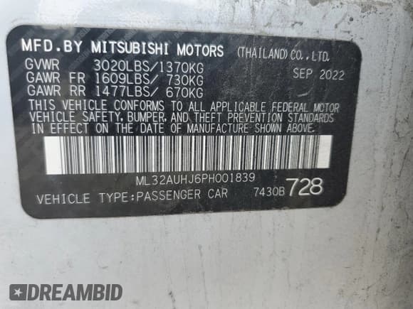 ✅ 2023 Mitsubishi Mirage ES • VIN: ML32AUHJ6PH001839 • Lot: 63667045. Listed on Copart with 35,929 mi. Free auction sales archive from the USA and detailed vehicle history report at DreamBid. Image 12.