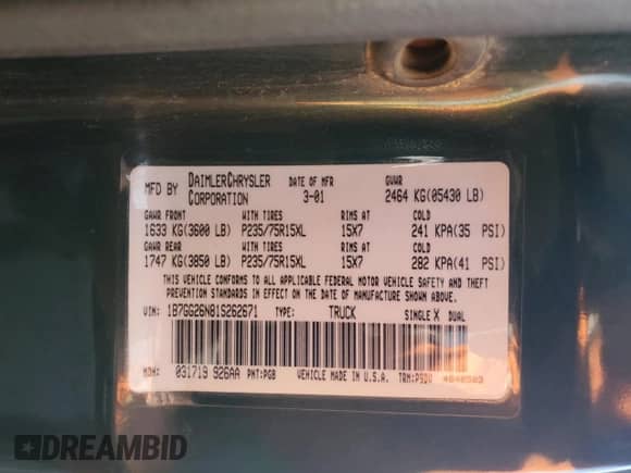 2001 Dodge Dakota Sport z VIN 1B7GG26N81S262671, wystawiony jako Copart lot #71080995 z przebiegiem 145 480 mil mil oraz Szkoda całkowita • Salvage title. Historia ofert i sprzedaży dostępna na DreamBid. Obrazek 12.