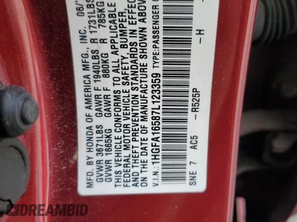 ✅ 2007 Honda Civic LX • VIN: 1HGFA16587L123359 • Лот: 82754135. Опубликован ранее на Copart с пробегом 173 847 миль. Бесплатный доступ к архиву аукционных продаж из США и подробный отчёт об истории автомобиля на DreamBid. Изображение 12.