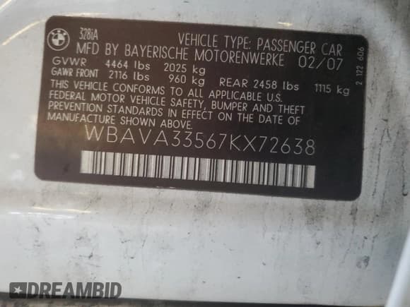 ✅ 2007 BMW 3 Series 328i • VIN: WBAVA33567KX72638 • Lot: 92535135. Listed on Copart with 149,135 mi. Free auction sales archive from the USA and detailed vehicle history report at DreamBid. Image 12.