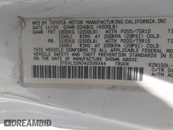 ✅ 2004 Toyota Tacoma • VIN: 5TEVL52N34Z339344 • Лот: 42941932. Опубликован ранее на IAAI с пробегом 332 422 миль. Бесплатный доступ к архиву аукционных продаж из США и подробный отчёт об истории автомобиля на DreamBid. Изображение 9.