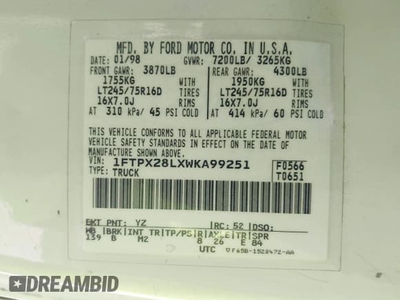 ✅ 1998 Ford F-250 • VIN: 1FTPX28LXWKA99251 • Lot: 42351591. Listed on IAAI with 288,994 mi. Free auction sales archive from the USA and detailed vehicle history report at DreamBid. Image 9.