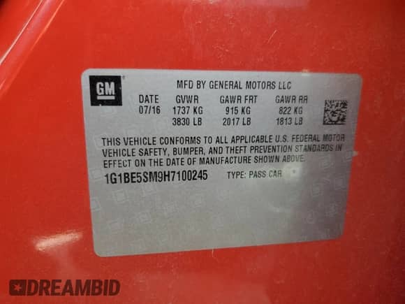 2017 Chevrolet Cruze LT with VIN 1G1BE5SM9H7100245, listed as a Copart auction lot 87415085 with Not provided miles and Salvage title. Bid and sale history available at DreamBid. Image 12.