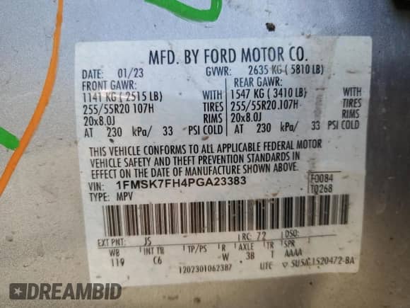 2023 Ford Explorer Limited with VIN 1FMSK7FH4PGA23383, listed as a Copart auction lot 63654425 with 55,858 mi miles and Salvage title. Bid and sale history available at DreamBid. Image 14.