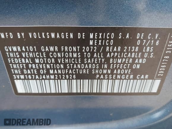 ✅ 2017 Volkswagen Jetta S • VIN: 3VW167AJ4HM212926 • Lot: 42651607. Listed on IAAI with 66,556 mi. Free auction sales archive from the USA and detailed vehicle history report at DreamBid. Image 9.