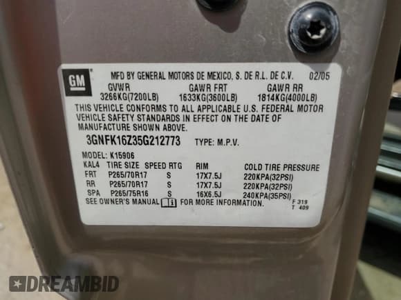 ✅ 2005 Chevrolet Suburban LS • VIN: 3GNFK16Z35G212773 • Lot: 68737765. Listed on Copart with 491,054 mi. Free auction sales archive from the USA and detailed vehicle history report at DreamBid. Image 13.