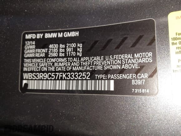 ✅ 2015 BMW M4 • VIN: WBS3R9C57FK333252 • Lot: 42626065. Listed on IAAI with 54,544 mi. Free auction sales archive from the USA and detailed vehicle history report at DreamBid. Image 9.