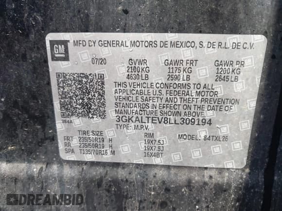 ✅ 2020 GMC Terrain SLE • VIN: 3GKALTEV8LL309194 • Lot: 43699222. Listed on IAAI with 91,967 mi. Free auction sales archive from the USA and detailed vehicle history report at DreamBid. Image 9.