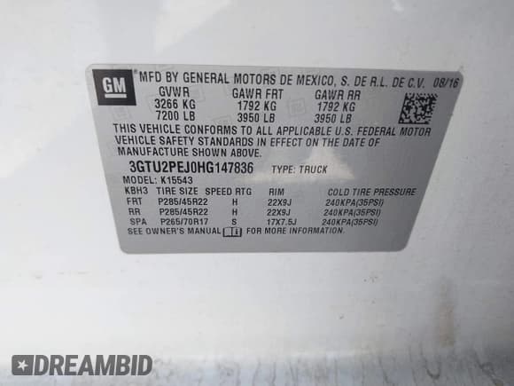 ✅ 2017 GMC Sierra 1500 Denali • VIN: 3GTU2PEJ0HG147836 • Lot: 43410221. Listed on IAAI with 98,619 mi. Free auction sales archive from the USA and detailed vehicle history report at DreamBid. Image 9.