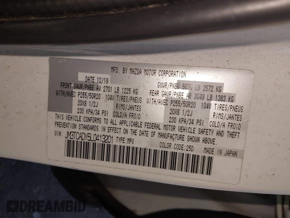 ✅ 2020 Mazda CX-9 Grand Touring • VIN: JM3TCADY5L0413201 • Lot: 41462802. Wystawiony na IAAI z przebiegiem 164 625 mil. Bezpłatny archiwum sprzedaży aukcyjnych z USA i szczegółowy raport historii pojazdu na DreamBid. Zdjęcie 9.