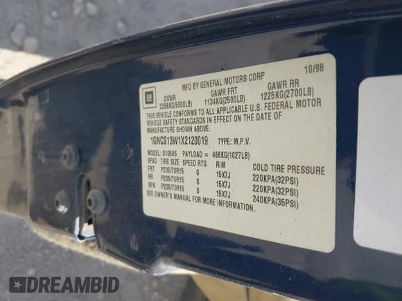 ✅ 1999 Chevrolet Blazer LS • VIN: 1GNCS13W1X2120019 • Lot: 41766379. Wystawiony na IAAI z przebiegiem Nie podano. Bezpłatny archiwum sprzedaży aukcyjnych z USA i szczegółowy raport historii pojazdu na DreamBid. Zdjęcie 9.