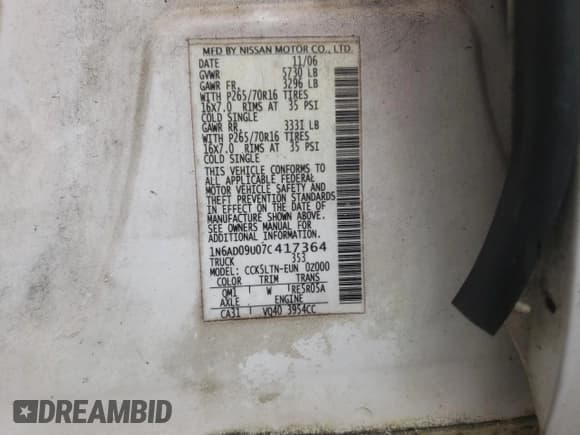 ✅ 2007 Nissan Frontier SE • VIN: 1N6AD09U07C417364 • Lot: 81930075. Listed on Copart with 136,654 mi. Free auction sales archive from the USA and detailed vehicle history report at DreamBid. Image 12.