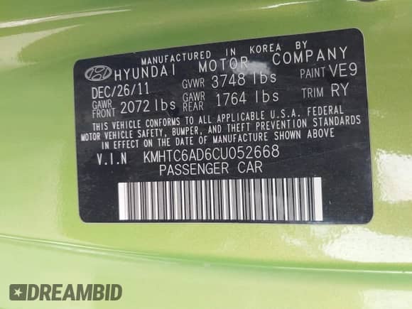 2012 Hyundai Veloster w/Gray Int с VIN KMHTC6AD6CU052668, выставлен на аукционе IAAI как лот 43165096 с пробегом 156 135 миль миль и . История ставок и продаж доступна на DreamBid. Изображение 9.