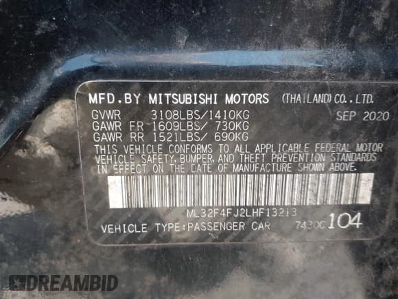 ✅ 2020 Mitsubishi Mirage SE • VIN: ML32F4FJ2LHF13213 • Lot: 42096873. Listed on IAAI with 81,485 mi. Free auction sales archive from the USA and detailed vehicle history report at DreamBid. Image 9.