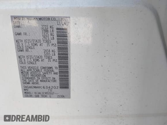 ✅ 2015 Nissan Pathfinder SV • VIN: 5N1AR2MN4FC634202 • Lot: 41642078. Listed on IAAI with 169,815 mi. Free auction sales archive from the USA and detailed vehicle history report at DreamBid. Image 9.