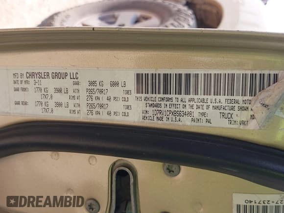 ✅ 2011 Ram 1500 SLT • VIN: 1D7RV1CPXBS634081 • Lot: 43242411. Listed on IAAI with 223,859 mi. Free auction sales archive from the USA and detailed vehicle history report at DreamBid. Image 9.