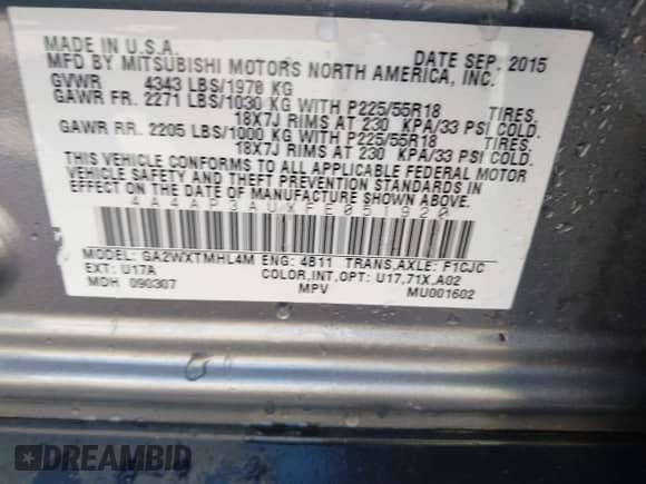 2015 Mitsubishi Outlander ES with VIN 4A4AP3AUXFE051920, listed as a IAAI auction lot 43373956 with 98,591 mi miles and . Bid and sale history available at DreamBid. Image 9.