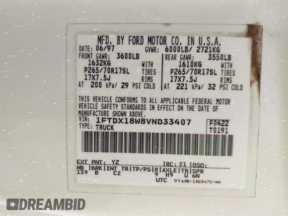 ✅ 1997 Ford F-150 XL • VIN: 1FTDX18W8VND33407 • Lot: 43544898. Listed on IAAI with 153,846 mi. Free auction sales archive from the USA and detailed vehicle history report at DreamBid. Image 9.