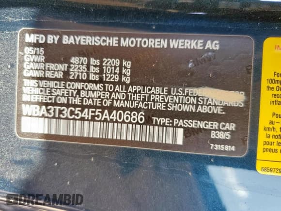 ✅ 2015 BMW 4 Series 435i • VIN: WBA3T3C54F5A40686 • Lot: 63182345. Listed on Copart with 78,000 mi. Free auction sales archive from the USA and detailed vehicle history report at DreamBid. Image 13.